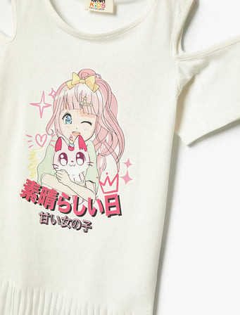 Tişört Anime Baskılı Püsküllü Kısa Kollu Pencere Detaylı Pamuklu