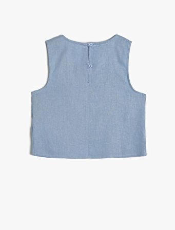 Keten Bluz Asimetrik Kesim Yuvarlak Yaka