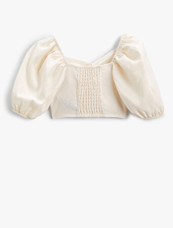 Crop Bluz Keten Karışımlı Balon Kollu Büzgü Detaylı