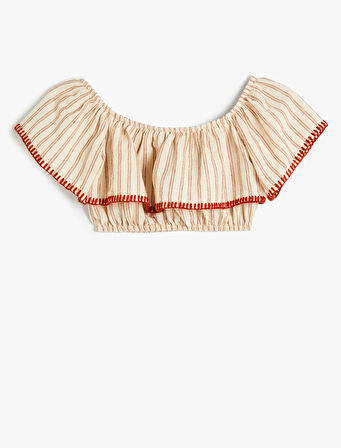 Crop Bluz Açık Omuz Katlı Volanlı İşleme Detaylı 