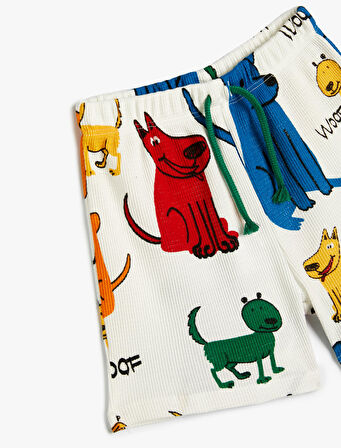 Şort Köpek Baskılı Dokulu Beli Bağlamalı Pamuklu