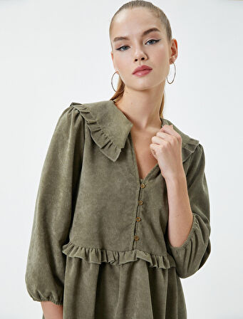 Fitilli Kadife Mini Elbise 3/5 Kol Bebe Yaka Fırfır Detaylı Katlı