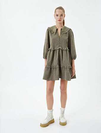 Fitilli Kadife Mini Elbise 3/5 Kol Bebe Yaka Fırfır Detaylı Katlı