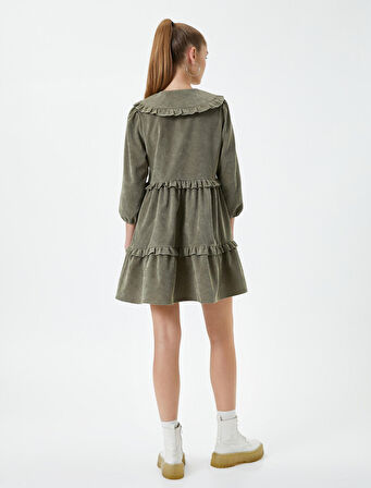 Fitilli Kadife Mini Elbise 3/5 Kol Bebe Yaka Fırfır Detaylı Katlı