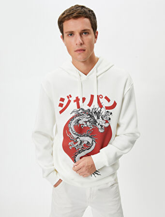 Kapşonlu Sweatshirt Uzakdoğu Baskılı Rahat Kesim Uzun Kollu
