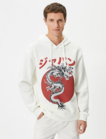 Kapşonlu Sweatshirt Uzakdoğu Baskılı Rahat Kesim Uzun Kollu
