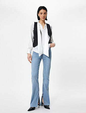 İspanyol Paça Kot Pantolon Yırtmaç Detaylı Dar Kesim Standart Bel - Victoria Slim Jeans