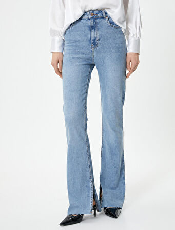 İspanyol Paça Kot Pantolon Yırtmaç Detaylı Dar Kesim Standart Bel - Victoria Slim Jeans