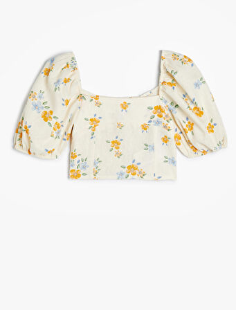 Keten Crop Bluz Çiçekli Kare Yaka Gipe Detaylı