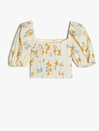 Keten Crop Bluz Çiçekli Kare Yaka Gipe Detaylı