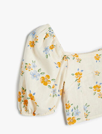 Keten Crop Bluz Çiçekli Kare Yaka Gipe Detaylı