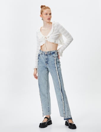 Püskül Detaylı Straight Jean Kot Pantolon Düz Asimetrik Paça - Eve Jean