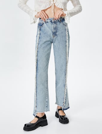 Püskül Detaylı Straight Jean Kot Pantolon Düz Asimetrik Paça - Eve Jean