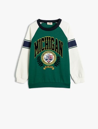 Kolej Baskılı Sweatshirt Renk Bloklu Bisiklet Yaka Şardonlu