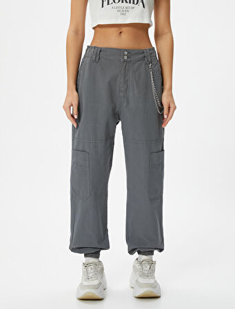 Kargo Jogger Pantolon Zincir Detaylı Yüksek Bel Pamuklu