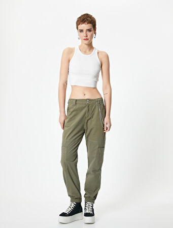 Kargo Jogger Pantolon Zincir Detaylı Yüksek Bel Pamuklu