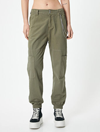 Kargo Jogger Pantolon Zincir Detaylı Yüksek Bel Pamuklu