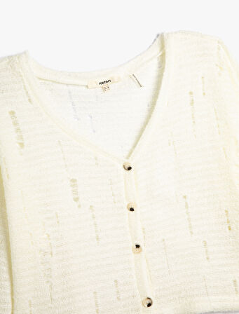 V Yaka Süveter Örgü Ajurlu Düğmeli Uzun Kollu