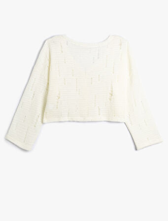 V Yaka Süveter Örgü Ajurlu Düğmeli Uzun Kollu