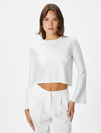 Crop Tişört Dokulu Bisiklet Yaka Metalik İspanyol Kol