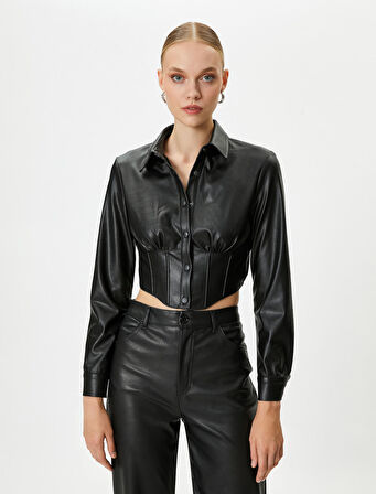 Suni Deri Gömlek Crop Korse Detaylı Çıtçıt Düğmeli Uzun Kollu