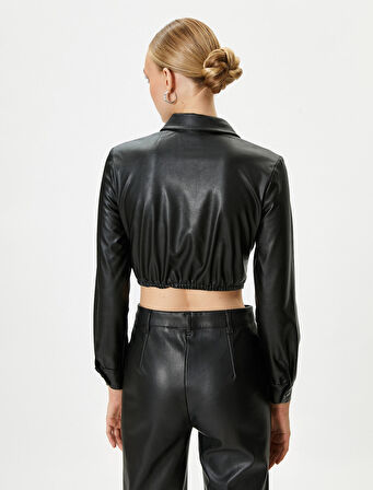 Suni Deri Gömlek Crop Korse Detaylı Çıtçıt Düğmeli Uzun Kollu