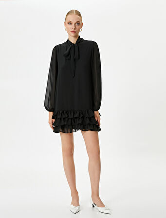 Balon Kol Şifon Elbise Mini Fular Yaka Fırfırlı 