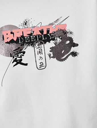 Arkası Baskılı Sweat Uzakdoğu Temalı Bisiklet Yaka  Şardonlu