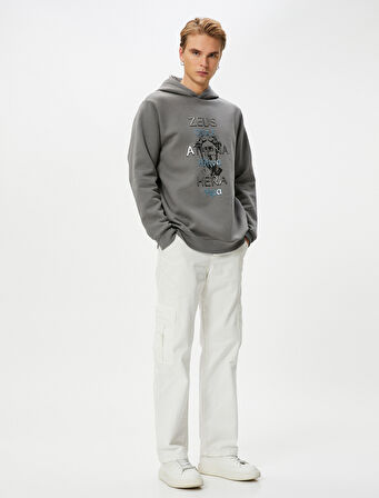 Kapşonlu Sweatshirt Mitoloji Temalı Baskılı Ribanalı Uzun Kollu