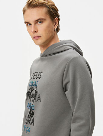 Kapşonlu Sweatshirt Mitoloji Temalı Baskılı Ribanalı Uzun Kollu