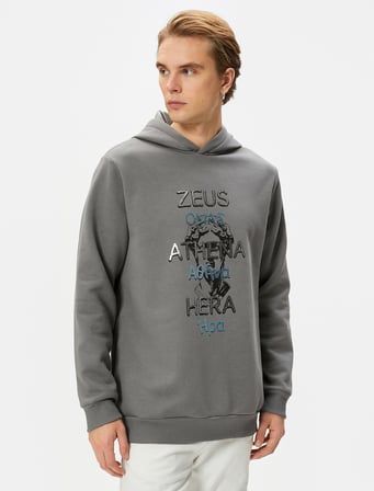 Kapşonlu Sweatshirt Mitoloji Temalı Baskılı Ribanalı Uzun Kollu