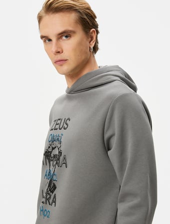 Kapşonlu Sweatshirt Mitoloji Temalı Baskılı Ribanalı Uzun Kollu