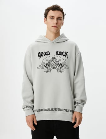 Uzakdoğu Baskılı Hoodie Rahat Kesim Sloganlı