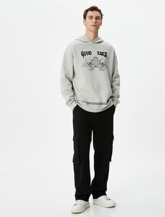 Uzakdoğu Baskılı Hoodie Rahat Kesim Sloganlı Şardonlu
