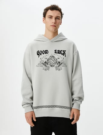 Uzakdoğu Baskılı Hoodie Rahat Kesim Sloganlı Şardonlu