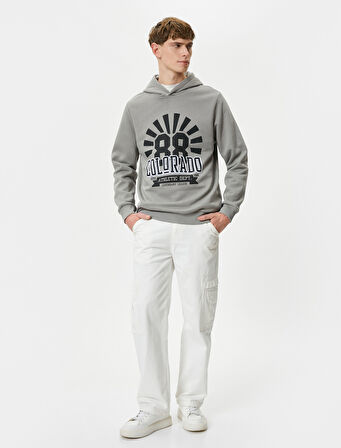 Kapşonlu Sweatshirt Kolej Baskılı Uzun Kollu Ribanalı