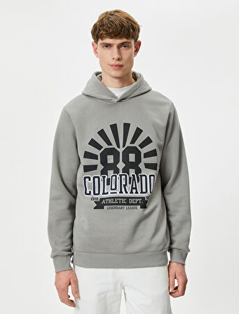 Kapşonlu Sweatshirt Kolej Baskılı Uzun Kollu Ribanalı