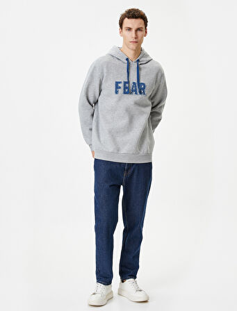 Kapşonlu Sweatshirt Slogan İşlemeli Uzun Kollu