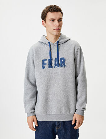 Kapşonlu Sweatshirt Slogan İşlemeli Uzun Kollu