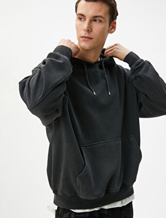 Oversize Sweatshirt Yıkamalı Kapşonlu Kanguru Cepli