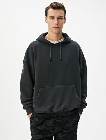 Oversize Sweatshirt Yıkamalı Kapşonlu Kanguru Cepli