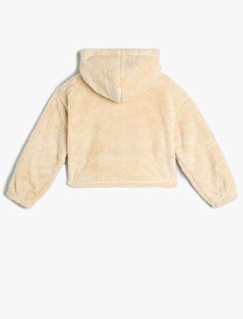 Peluş Kapşonlu Sweatshirt Kelebek İşlemeli Uzun Kollu