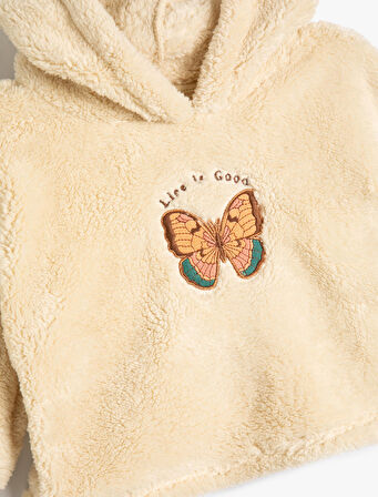 Peluş Kapşonlu Sweatshirt Kelebek İşlemeli Uzun Kollu