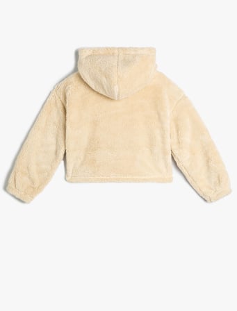 Peluş Kapşonlu Sweatshirt Kelebek İşlemeli Uzun Kollu