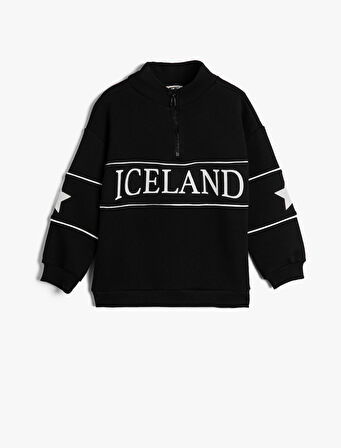 Sweatshirt Dik Yaka Yarım Fermuarlı Baskılı Şardonlu