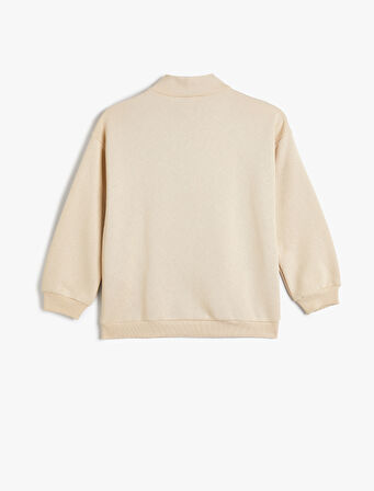 Basic Sweat Dik Yaka Yarım Fermuar Kabartmalı Baskı Detaylı