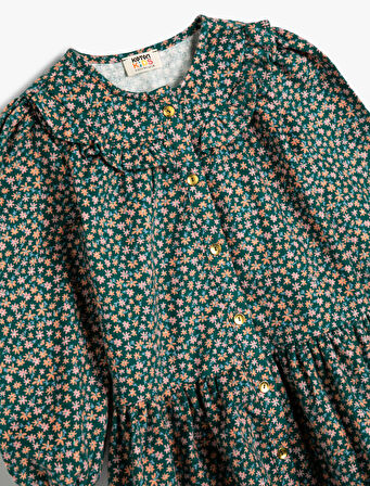 Çiçekli Elbise Bebe Yaka Uzun Kollu Düğmeli Pamuklu