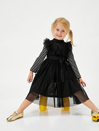 Tül Elbise Gömlek Yaka Düğme Detaylı Kolsuz Fırfırlı Beli Bağcıklı 