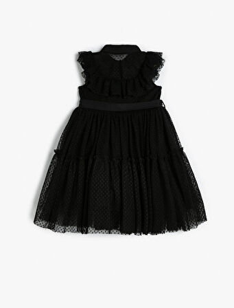 Tül Elbise Gömlek Yaka Düğme Detaylı Kolsuz Fırfırlı Beli Bağcıklı 