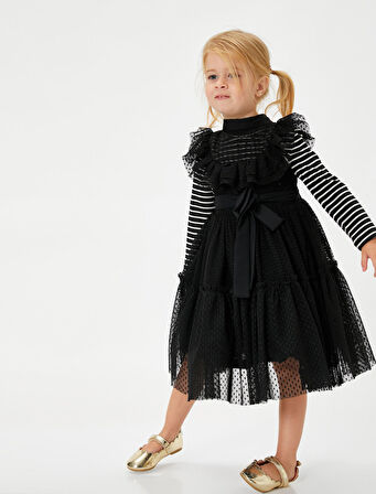 Tül Elbise Gömlek Yaka Düğme Detaylı Kolsuz Fırfırlı Beli Bağcıklı 